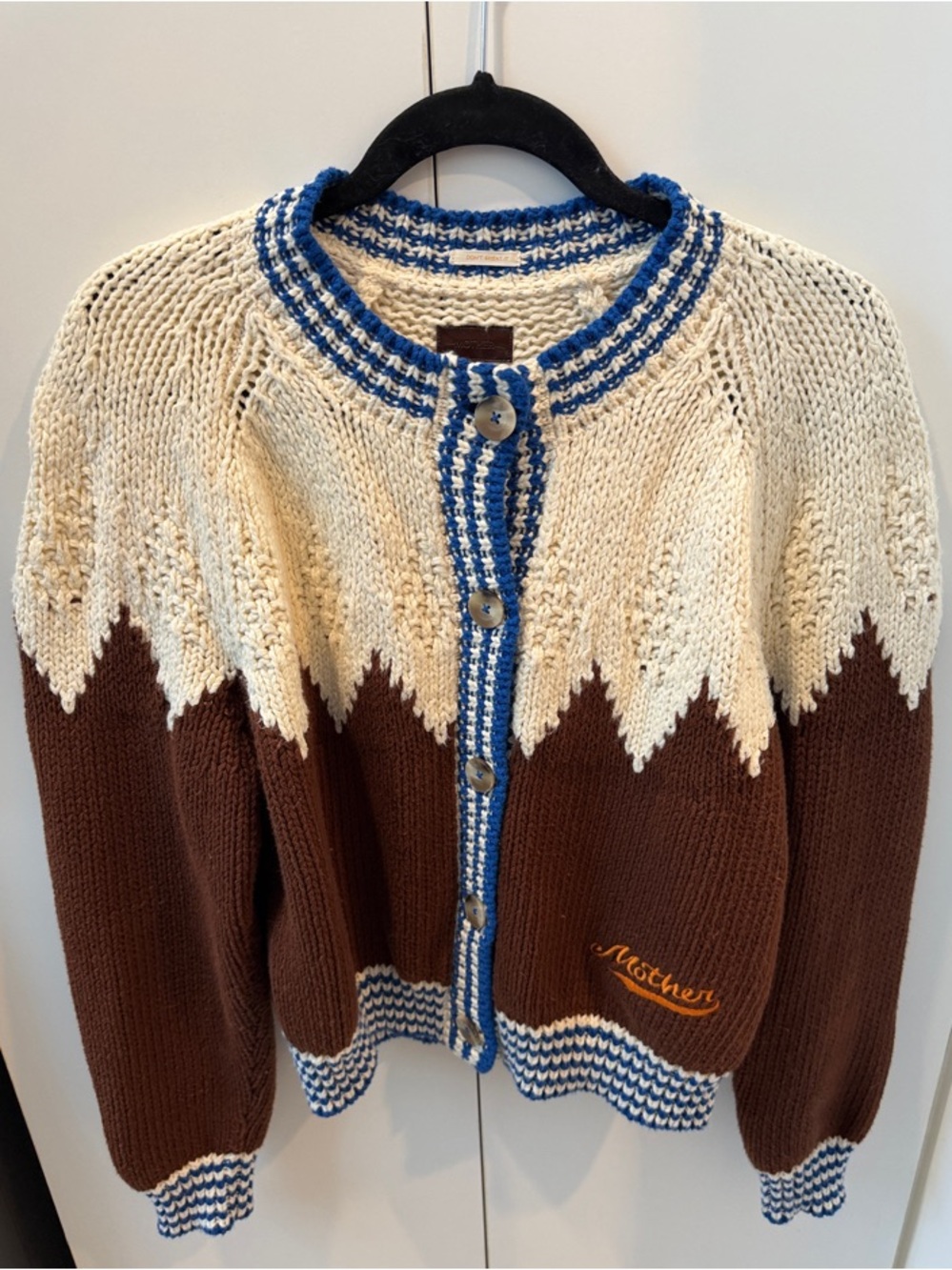 MOTHER Brown and Cream Knit Cardigan with Blue Trim